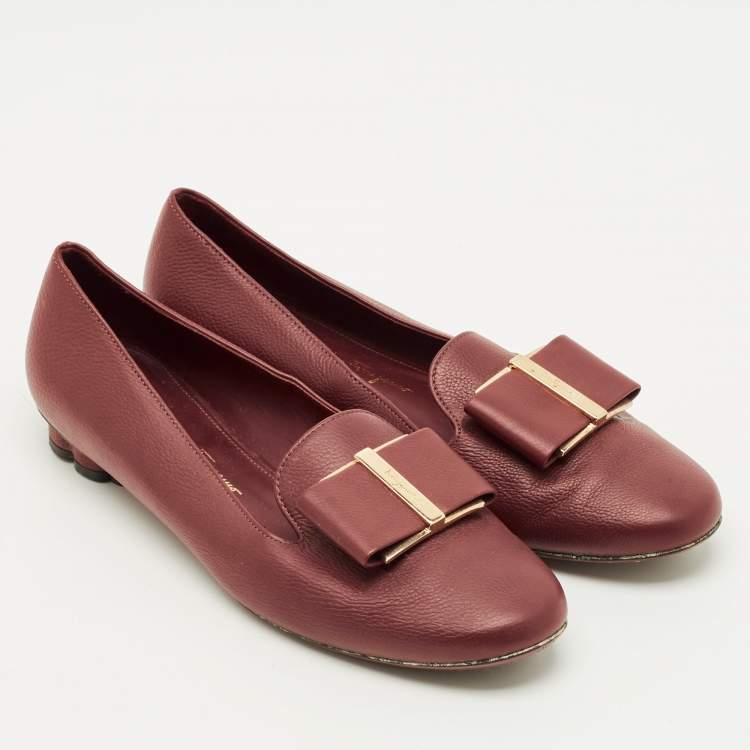 Pre Owned Salvatore Ferragamo Sarno Bow Size 37 Burgundy Leather Smoking Slippers