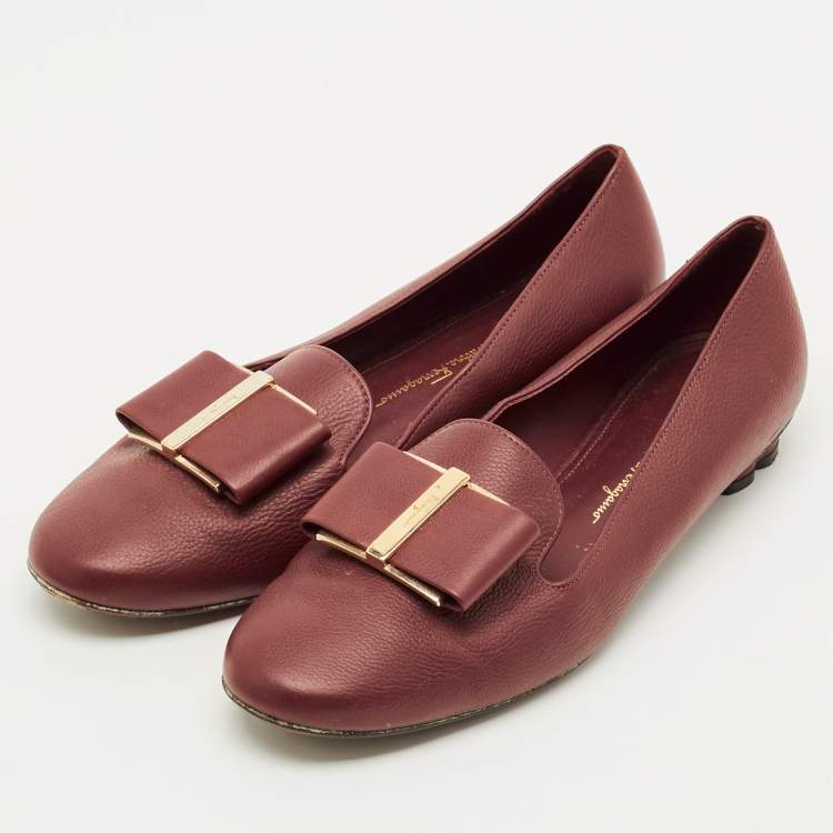 Pre Owned Salvatore Ferragamo Sarno Bow Size 37 Burgundy Leather Smoking Slippers