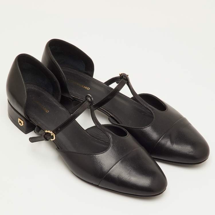Pre Owned Salvatore Ferragamo Size 39.5 Black Leather T-Strap Ballet Flats