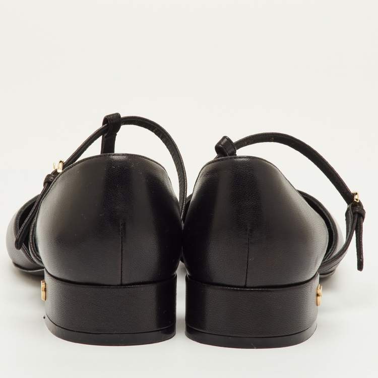 Pre Owned Salvatore Ferragamo Size 39.5 Black Leather T-Strap Ballet Flats