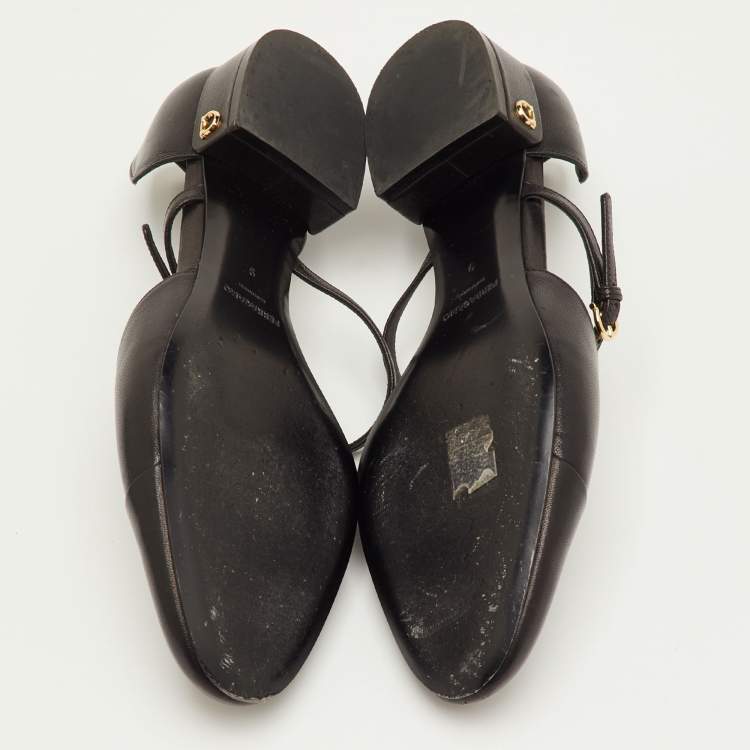 Pre Owned Salvatore Ferragamo Size 39.5 Black Leather T-Strap Ballet Flats