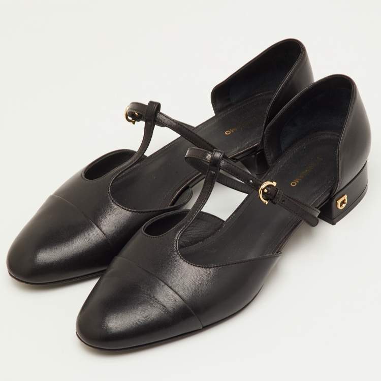 Pre Owned Salvatore Ferragamo Size 39.5 Black Leather T-Strap Ballet Flats