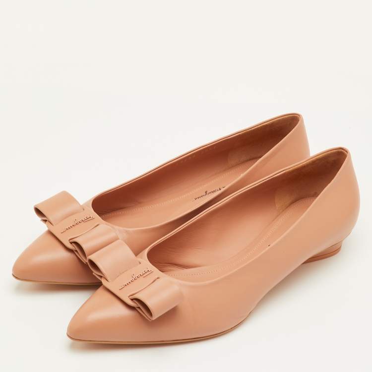 Pre Owned Salvatore Ferragamo Viva Bow Size 41 Blush Beige Leather Ballet Flats