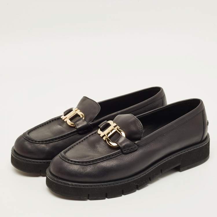 Pre Owned Salvatore Ferragamo Gancini Size 39.5 Black Leather Loafers