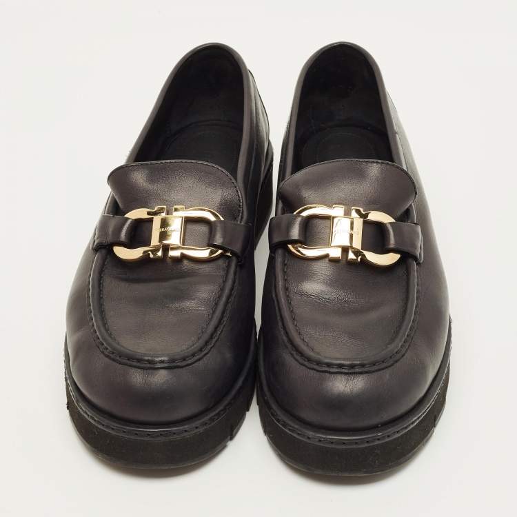 Pre Owned Salvatore Ferragamo Gancini Size 39.5 Black Leather Loafers