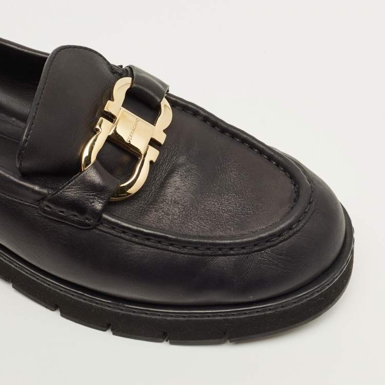 Pre Owned Salvatore Ferragamo Gancini Size 39.5 Black Leather Loafers