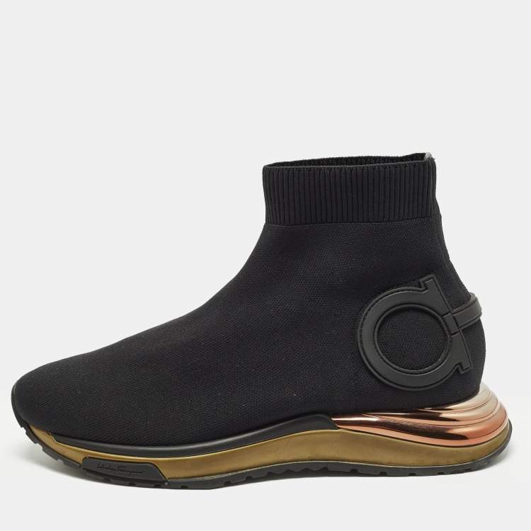 Pre Owned Salvatore Ferragamo Gardena Size 38.5 Black Knit Fabric and Leather High Top Sneakers