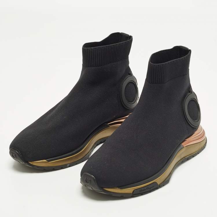 Pre Owned Salvatore Ferragamo Gardena Size 38.5 Black Knit Fabric and Leather High Top Sneakers