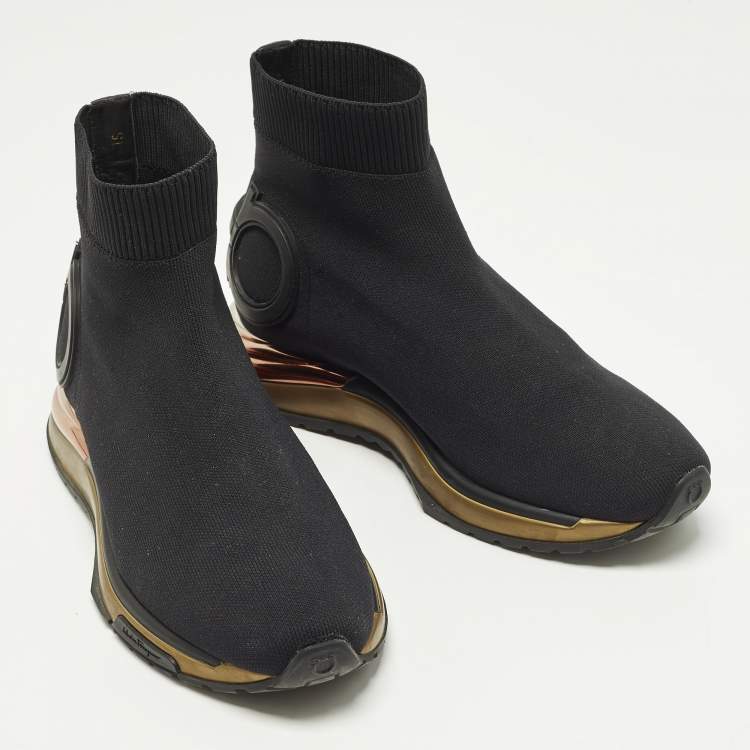 Pre Owned Salvatore Ferragamo Gardena Size 38.5 Black Knit Fabric and Leather High Top Sneakers