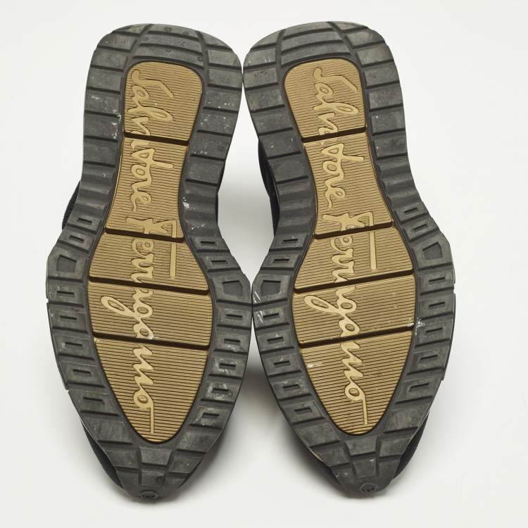 Pre Owned Salvatore Ferragamo Gardena Size 38.5 Black Knit Fabric and Leather High Top Sneakers