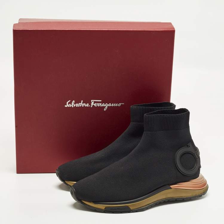 Pre Owned Salvatore Ferragamo Gardena Size 38.5 Black Knit Fabric and Leather High Top Sneakers