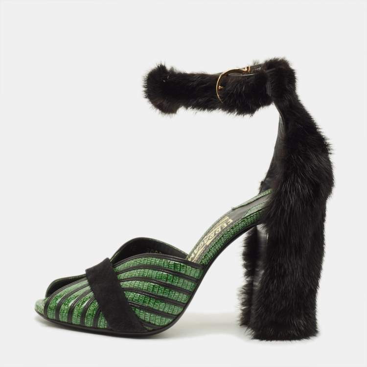 Pre Owned Salvatore Ferragamo Gancio Size 37.5 Green Fur and Lizard Embossed Leather Ankle Strap Sandals