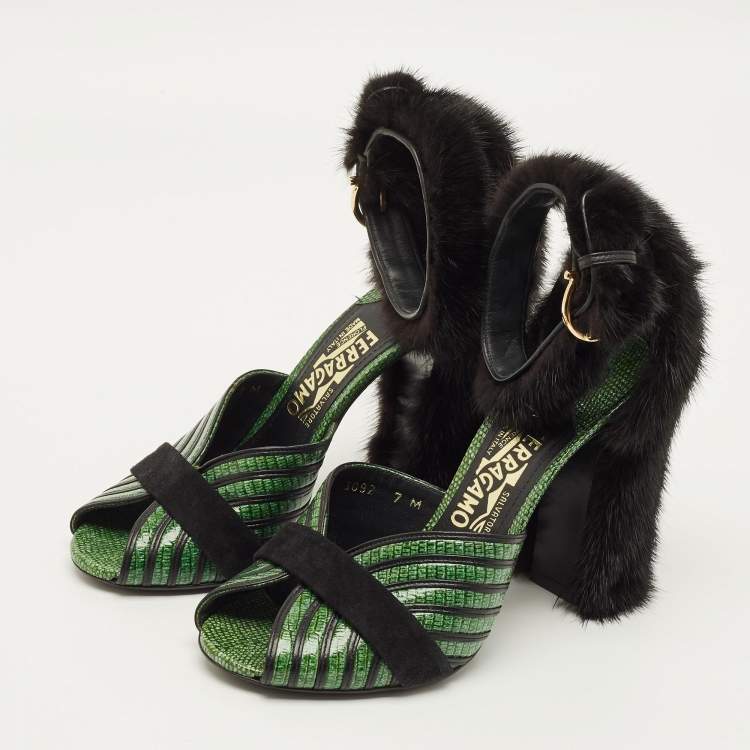 Pre Owned Salvatore Ferragamo Gancio Size 37.5 Green Fur and Lizard Embossed Leather Ankle Strap Sandals