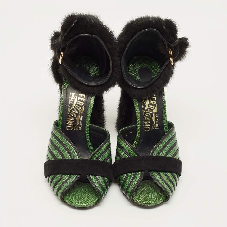 Pre Owned Salvatore Ferragamo Gancio Size 37.5 Green Fur and Lizard Embossed Leather Ankle Strap Sandals