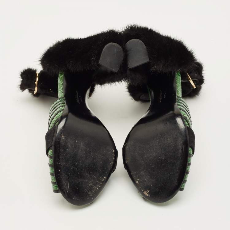 Pre Owned Salvatore Ferragamo Gancio Size 37.5 Green Fur and Lizard Embossed Leather Ankle Strap Sandals