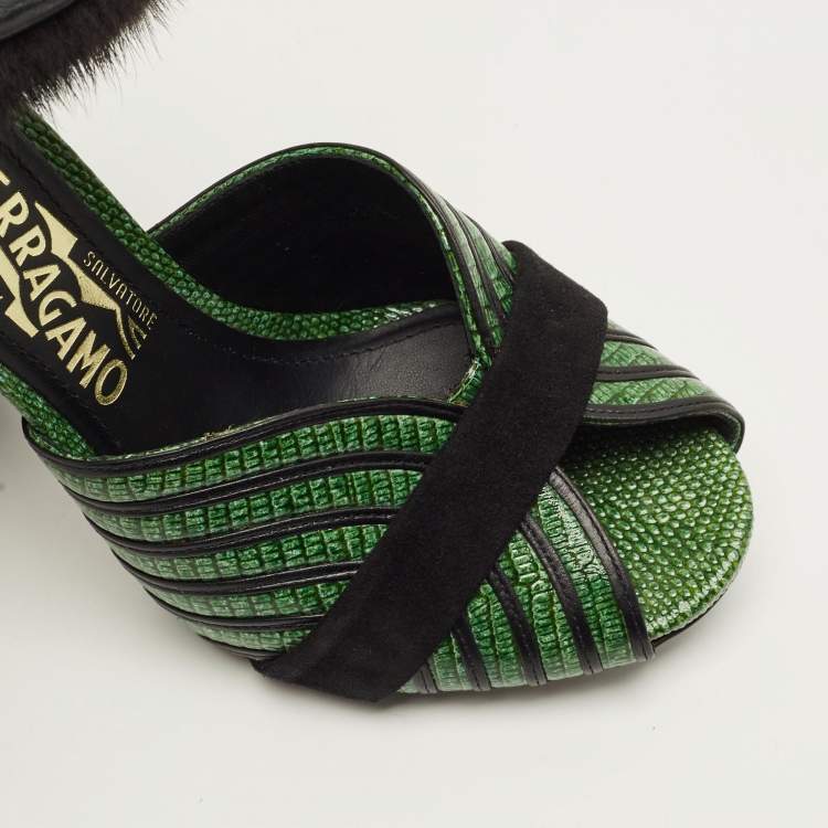 Pre Owned Salvatore Ferragamo Gancio Size 37.5 Green Fur and Lizard Embossed Leather Ankle Strap Sandals