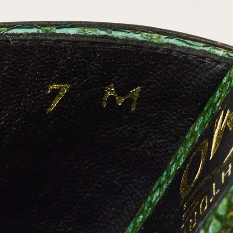 Pre Owned Salvatore Ferragamo Gancio Size 37.5 Green Fur and Lizard Embossed Leather Ankle Strap Sandals