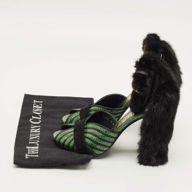 Pre Owned Salvatore Ferragamo Gancio Size 37.5 Green Fur and Lizard Embossed Leather Ankle Strap Sandals