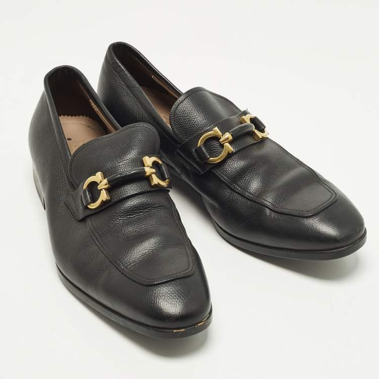 Pre Owned Salvatore Ferragamo Gancini Size 37.5 Black Leather Loafers