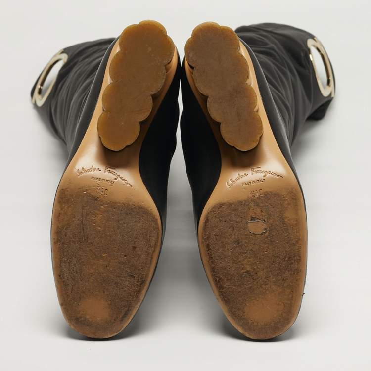 Pre Owned Salvatore Ferragamo Gancini Size 39 Black Leather Knee Length Boots