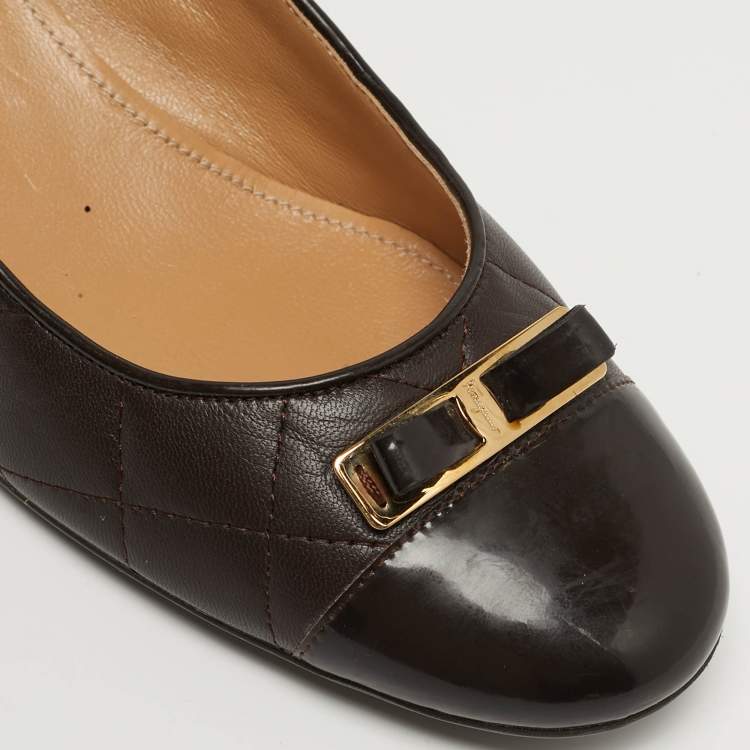 Pre Owned Salvatore Ferragamo Vara Bow Size 40 Dark Brown Patent and Quilted Leather Block Heel Pumps