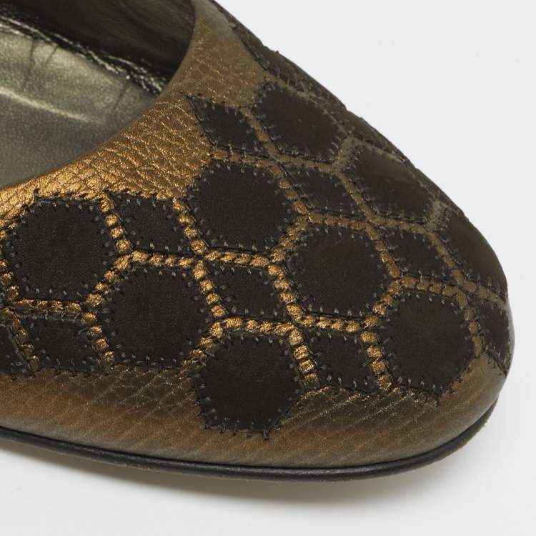 مملوكة مسبقًا Salvatore Ferragamo Size 39.5 Metallic Brown Leather and Suede Ballet Flats