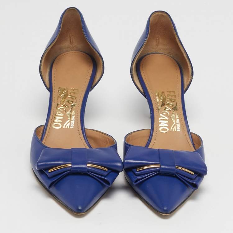 Pre Owned Salvatore Ferragamo Rietta Size 36.5 Blue Leather Bow D'orsay Pumps