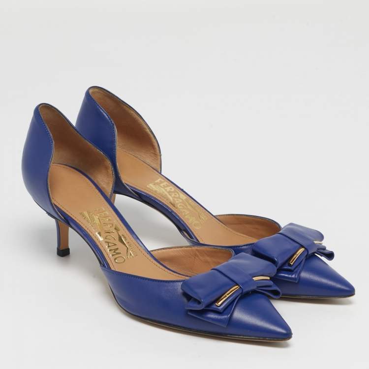 Pre Owned Salvatore Ferragamo Rietta Size 36.5 Blue Leather Bow D'orsay Pumps