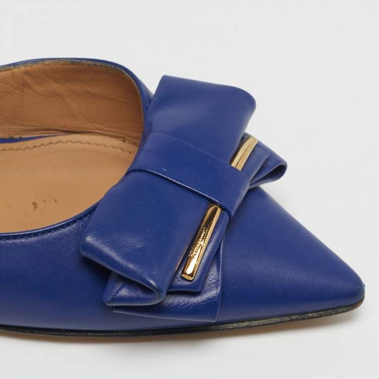Pre Owned Salvatore Ferragamo Rietta Size 36.5 Blue Leather Bow D'orsay Pumps