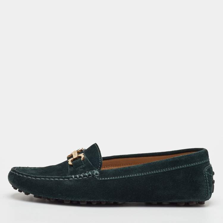 Pre Owned Salvatore Ferragamo Gancini Size 35 Dark Green Suede Slip On Loafers