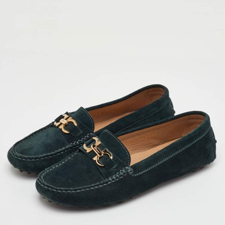 Pre Owned Salvatore Ferragamo Gancini Size 35 Dark Green Suede Slip On Loafers