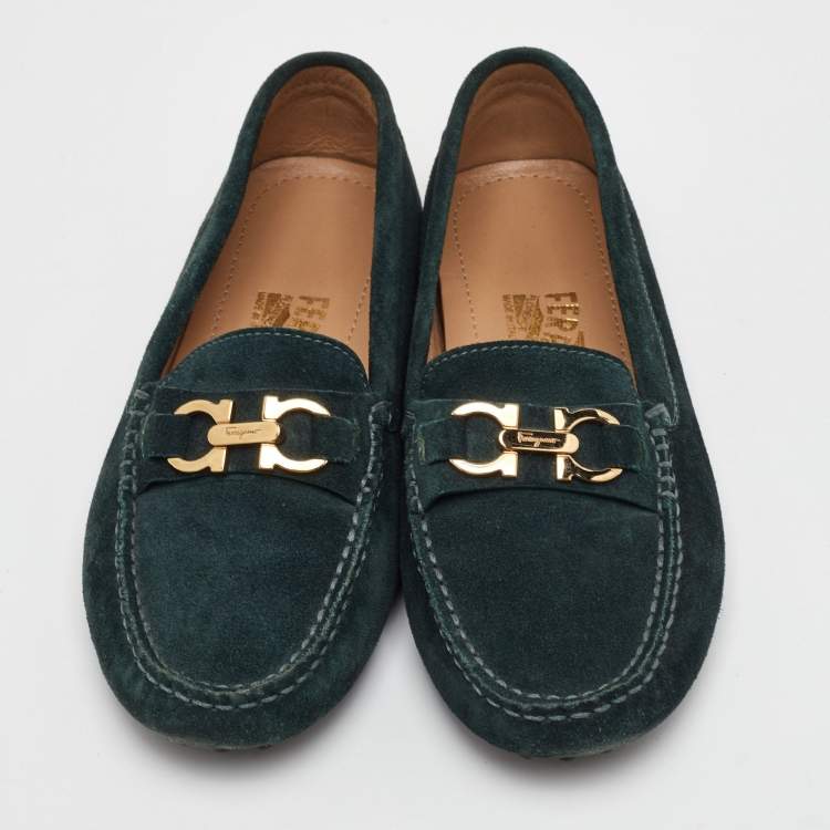 Pre Owned Salvatore Ferragamo Gancini Size 35 Dark Green Suede Slip On Loafers