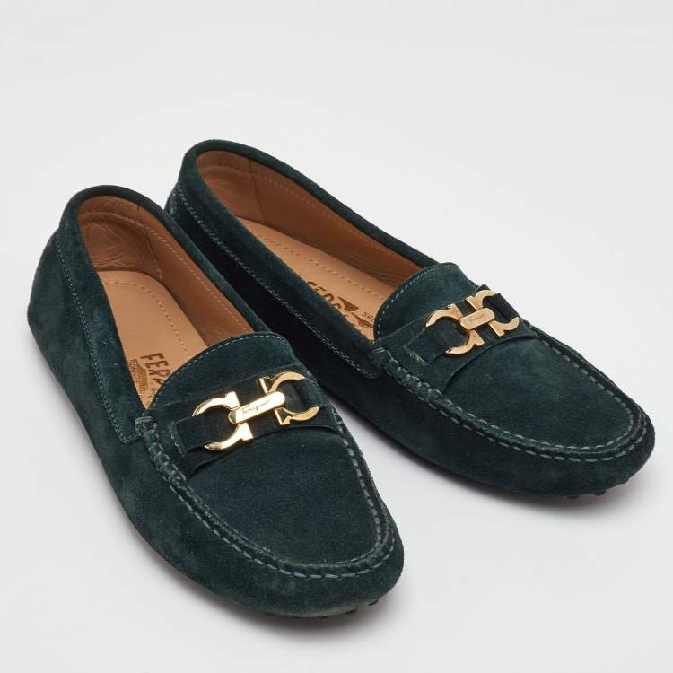 Pre Owned Salvatore Ferragamo Gancini Size 35 Dark Green Suede Slip On Loafers