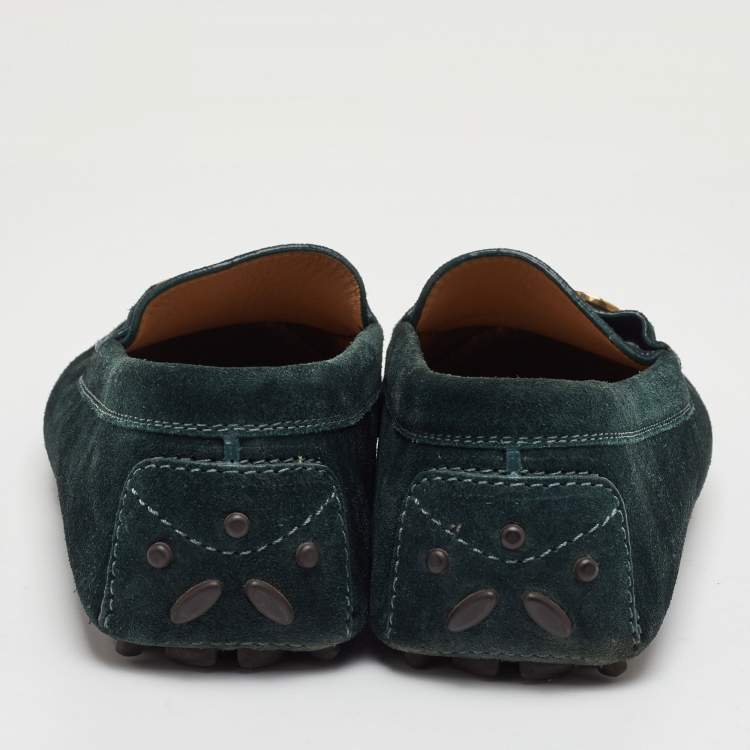 Pre Owned Salvatore Ferragamo Gancini Size 35 Dark Green Suede Slip On Loafers