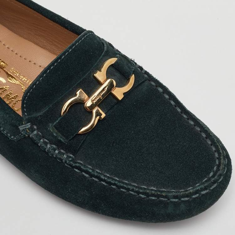 Pre Owned Salvatore Ferragamo Gancini Size 35 Dark Green Suede Slip On Loafers