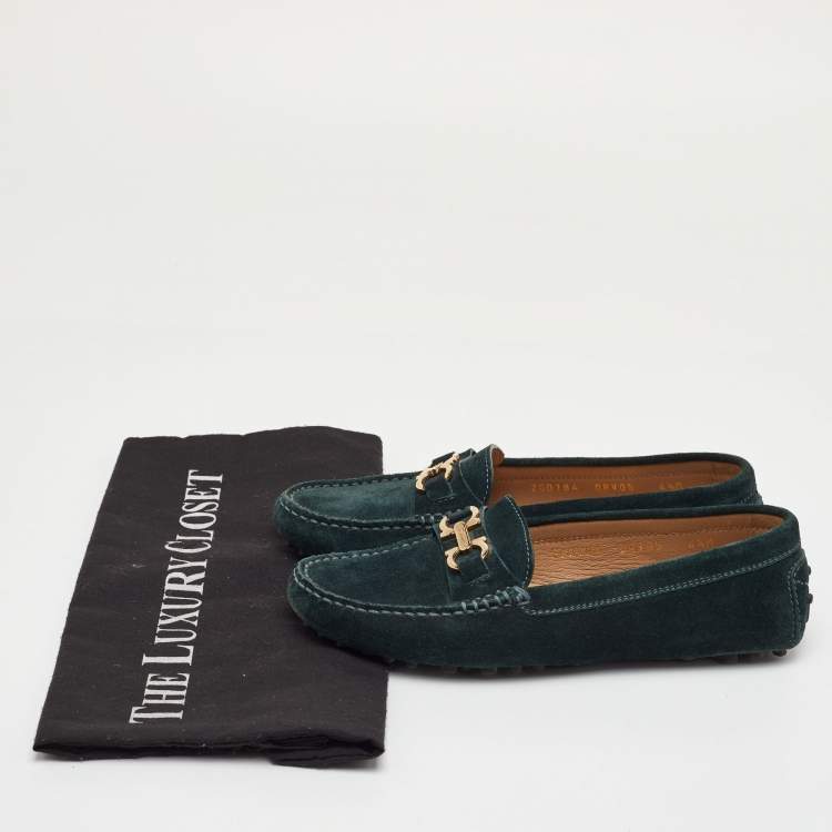 Pre Owned Salvatore Ferragamo Gancini Size 35 Dark Green Suede Slip On Loafers