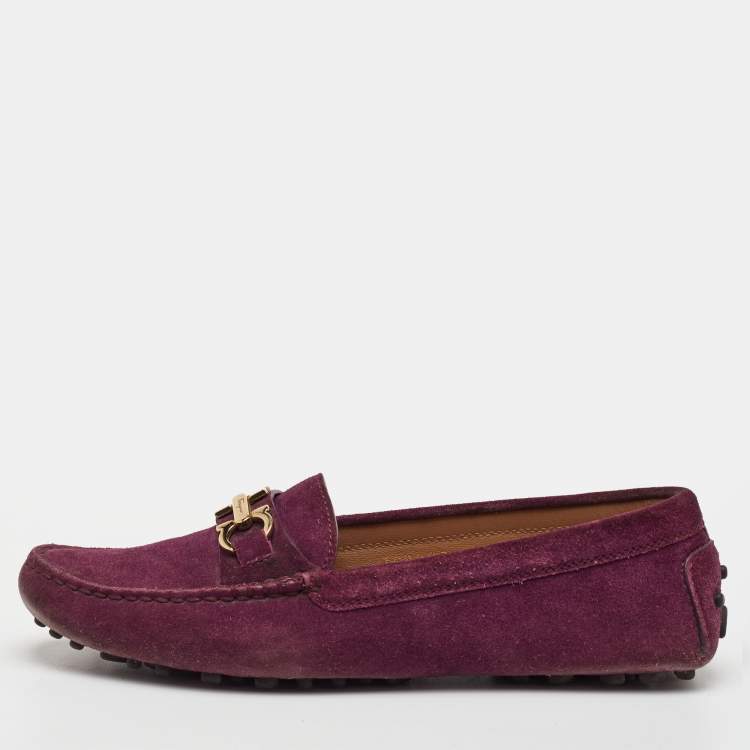 Pre Owned Salvatore Ferragamo Gancini Size 35 Dark Purple Suede Slip On Loafers