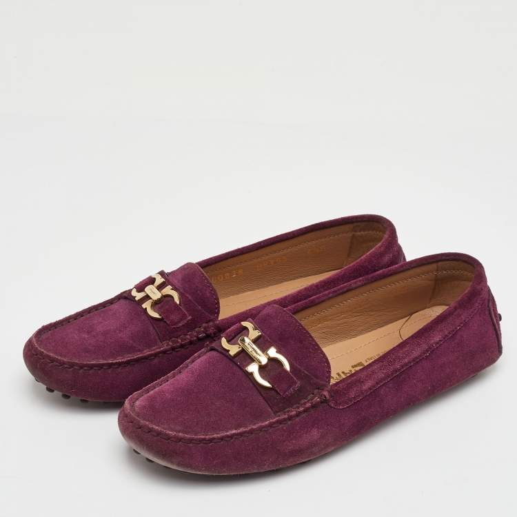 Pre Owned Salvatore Ferragamo Gancini Size 35 Dark Purple Suede Slip On Loafers