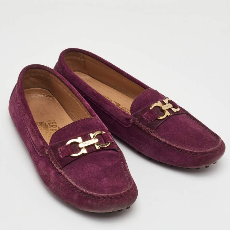 Pre Owned Salvatore Ferragamo Gancini Size 35 Dark Purple Suede Slip On Loafers