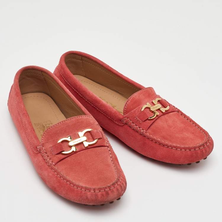 Pre Owned Salvatore Ferragamo Gancini Size 35 Peach Orange Suede Slip On Loafers