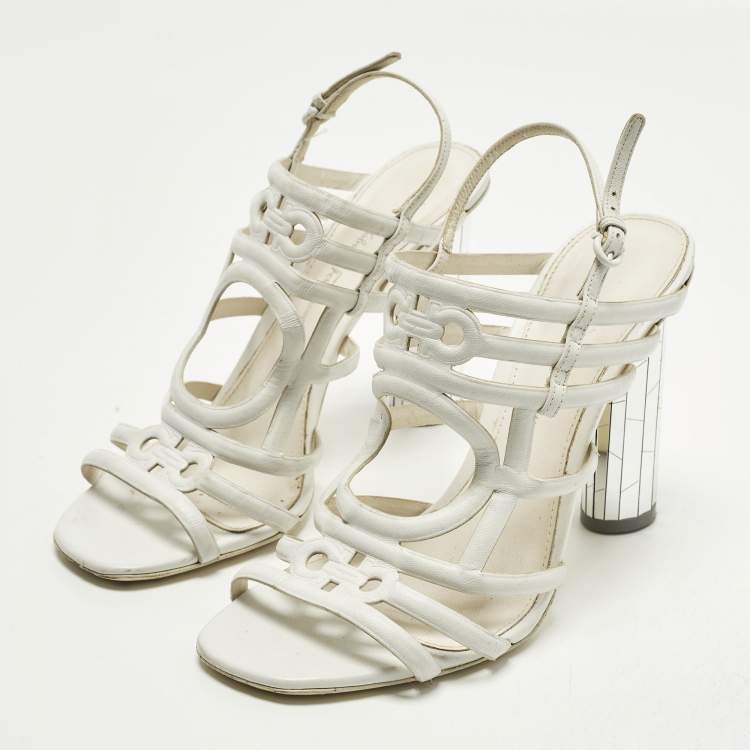 Pre Owned Salvatore Ferragamo Size 39.5 White Leather Strappy Sandals