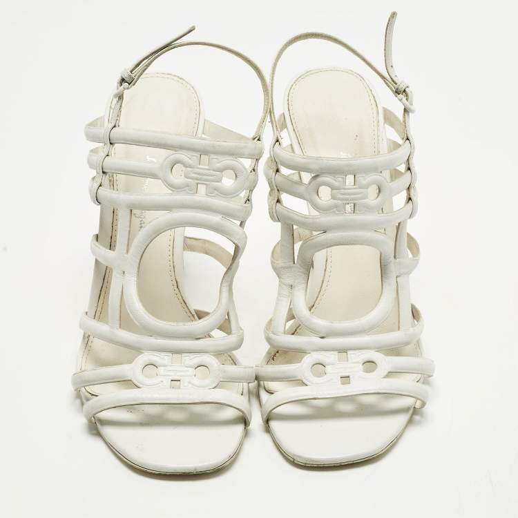 Pre Owned Salvatore Ferragamo Size 39.5 White Leather Strappy Sandals
