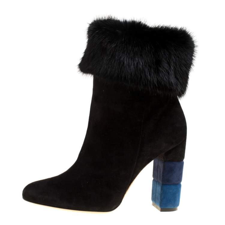 black suede ankle boots with fur trim