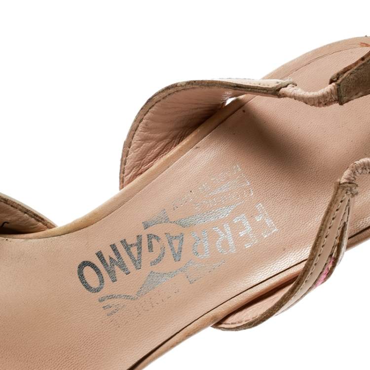 Pre Owned Salvatore Ferragamo Multicolor Printed Canvas And Leather Trim Pointed Toe Slingback Sandals Size 37