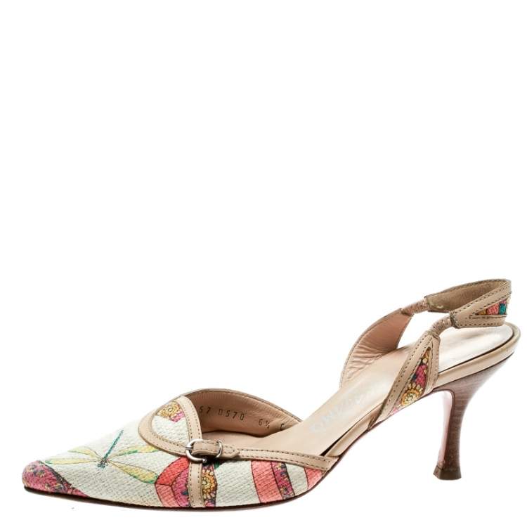 Pre Owned Salvatore Ferragamo Multicolor Printed Canvas And Leather Trim Pointed Toe Slingback Sandals Size 37