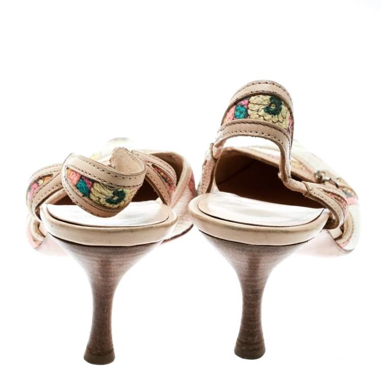 Pre Owned Salvatore Ferragamo Multicolor Printed Canvas And Leather Trim Pointed Toe Slingback Sandals Size 37