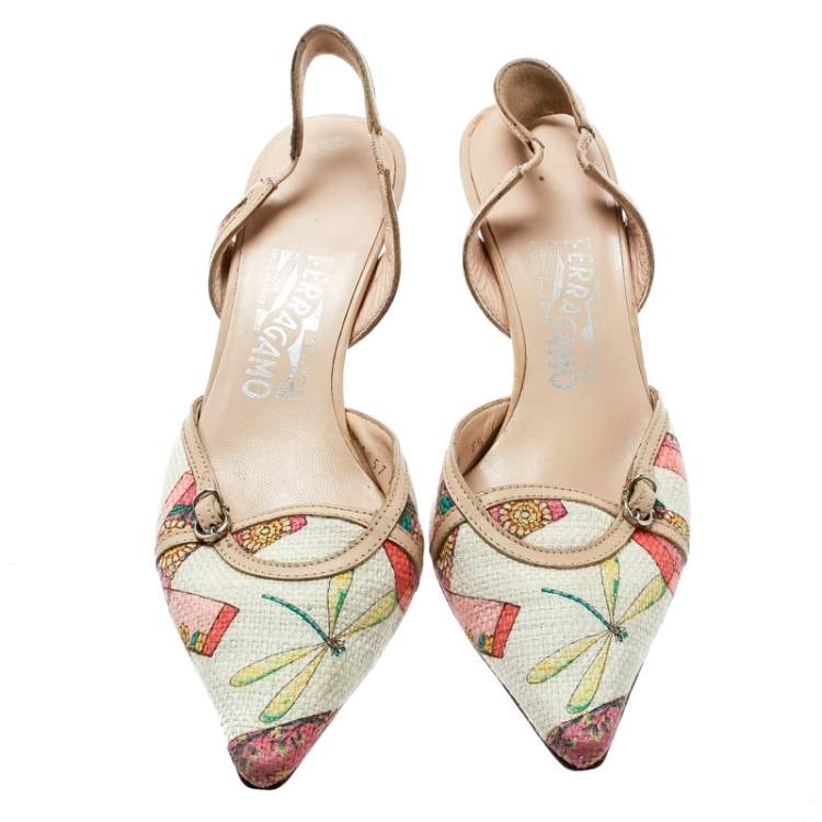 Pre Owned Salvatore Ferragamo Multicolor Printed Canvas And Leather Trim Pointed Toe Slingback Sandals Size 37