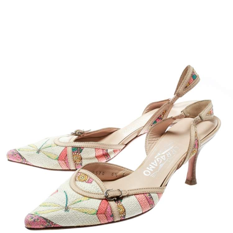 Pre Owned Salvatore Ferragamo Multicolor Printed Canvas And Leather Trim Pointed Toe Slingback Sandals Size 37