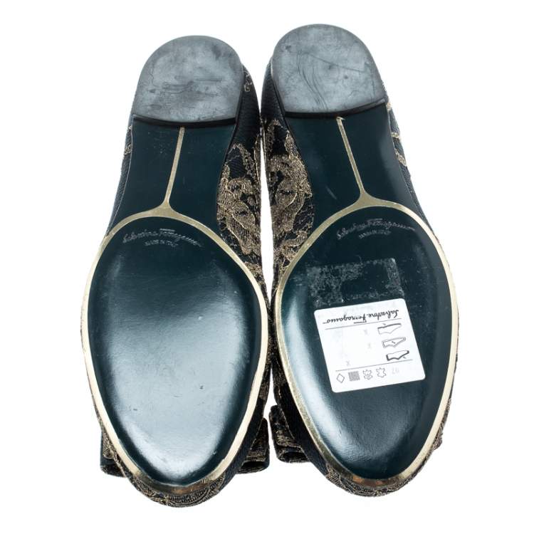 Pre Owned Salvatore Ferragamo  Blue Bordeaux Satin And Lace Tarita Ballet Flats Size 36.5
