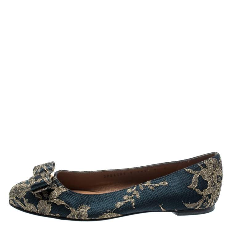 Pre Owned Salvatore Ferragamo  Blue Bordeaux Satin And Lace Tarita Ballet Flats Size 36.5